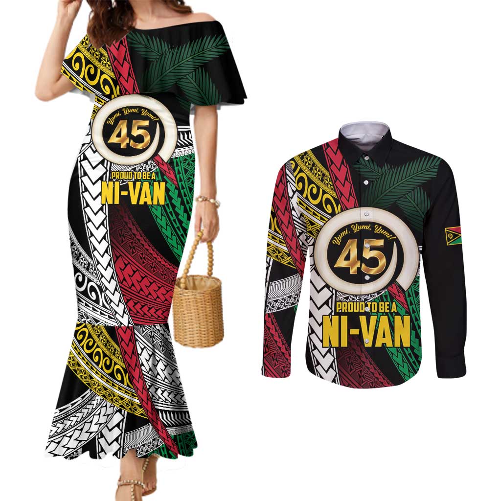 Ni-Van Vanuatu 45th Yumi Yumi Yumi Couples Matching Mermaid Dress and Long Sleeve Button Shirt Vanuatuan Boar Tusk Polynesian Pattern