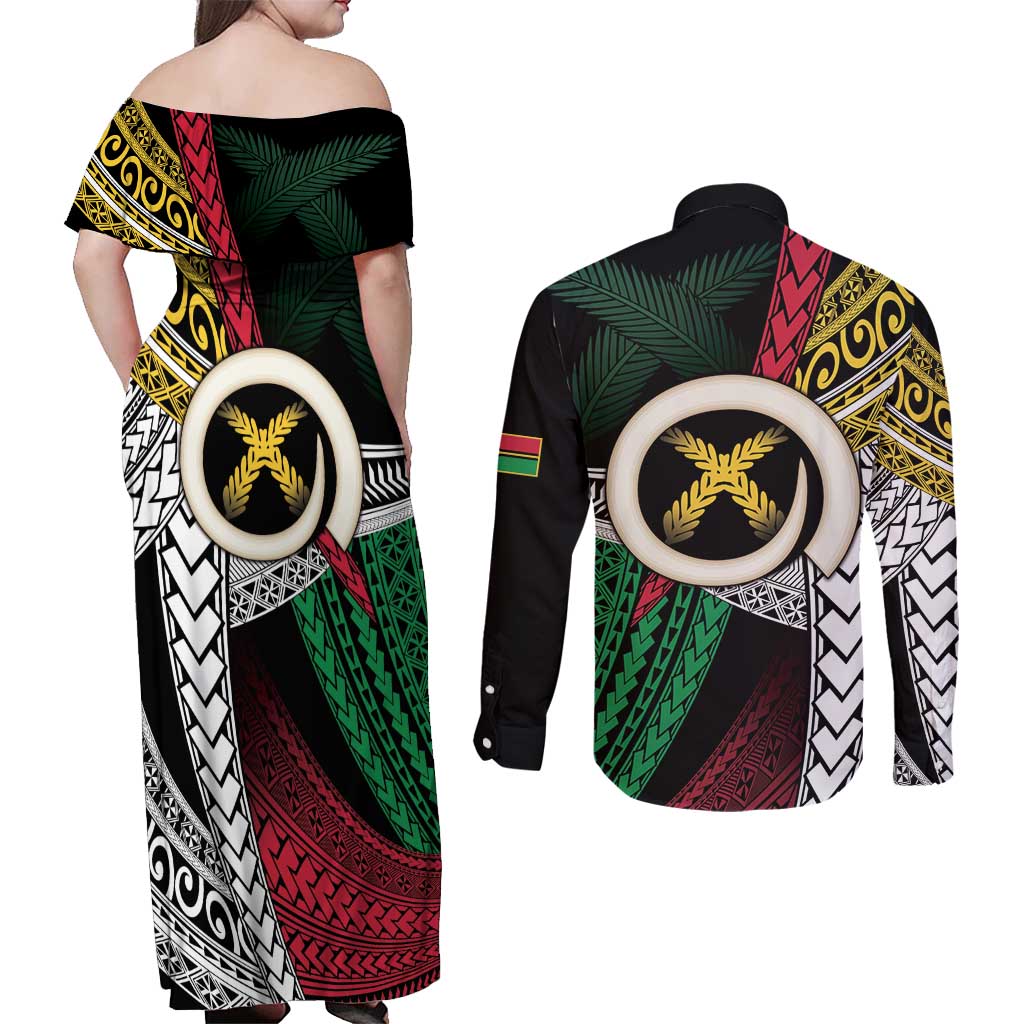 Ni-Van Vanuatu 45th Yumi Yumi Yumi Couples Matching Off Shoulder Maxi Dress and Long Sleeve Button Shirt Vanuatuan Boar Tusk Polynesian Pattern