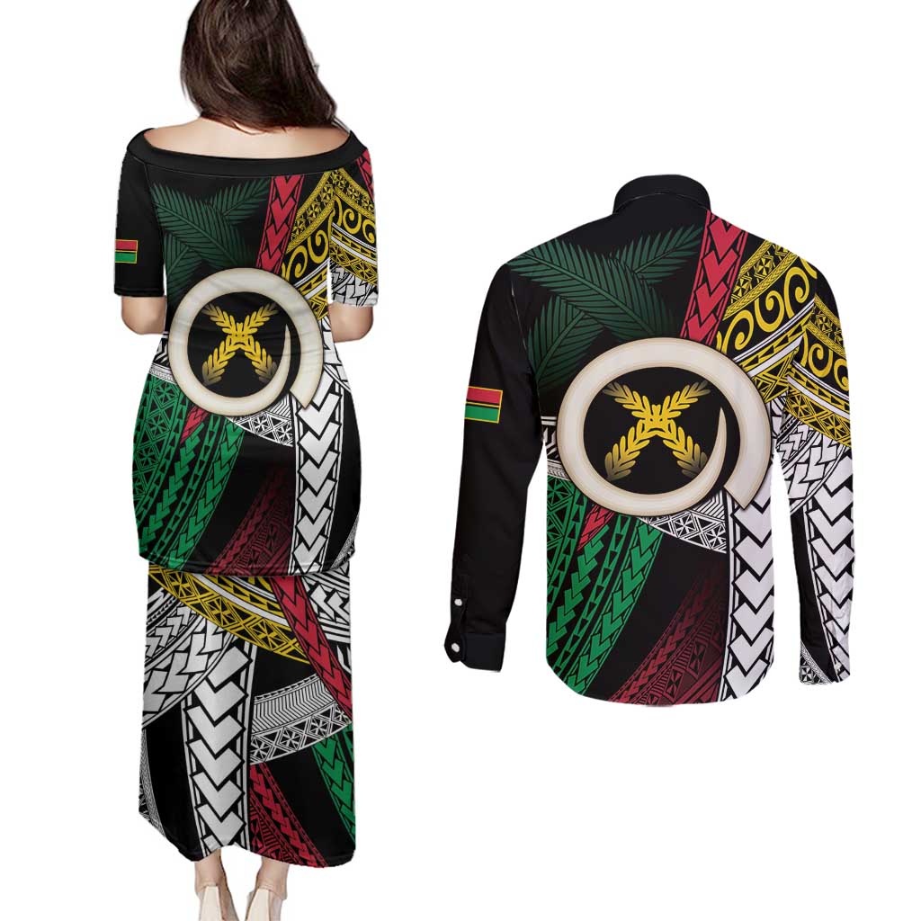 Ni-Van Vanuatu 45th Yumi Yumi Yumi Couples Matching Puletasi and Long Sleeve Button Shirt Vanuatuan Boar Tusk Polynesian Pattern