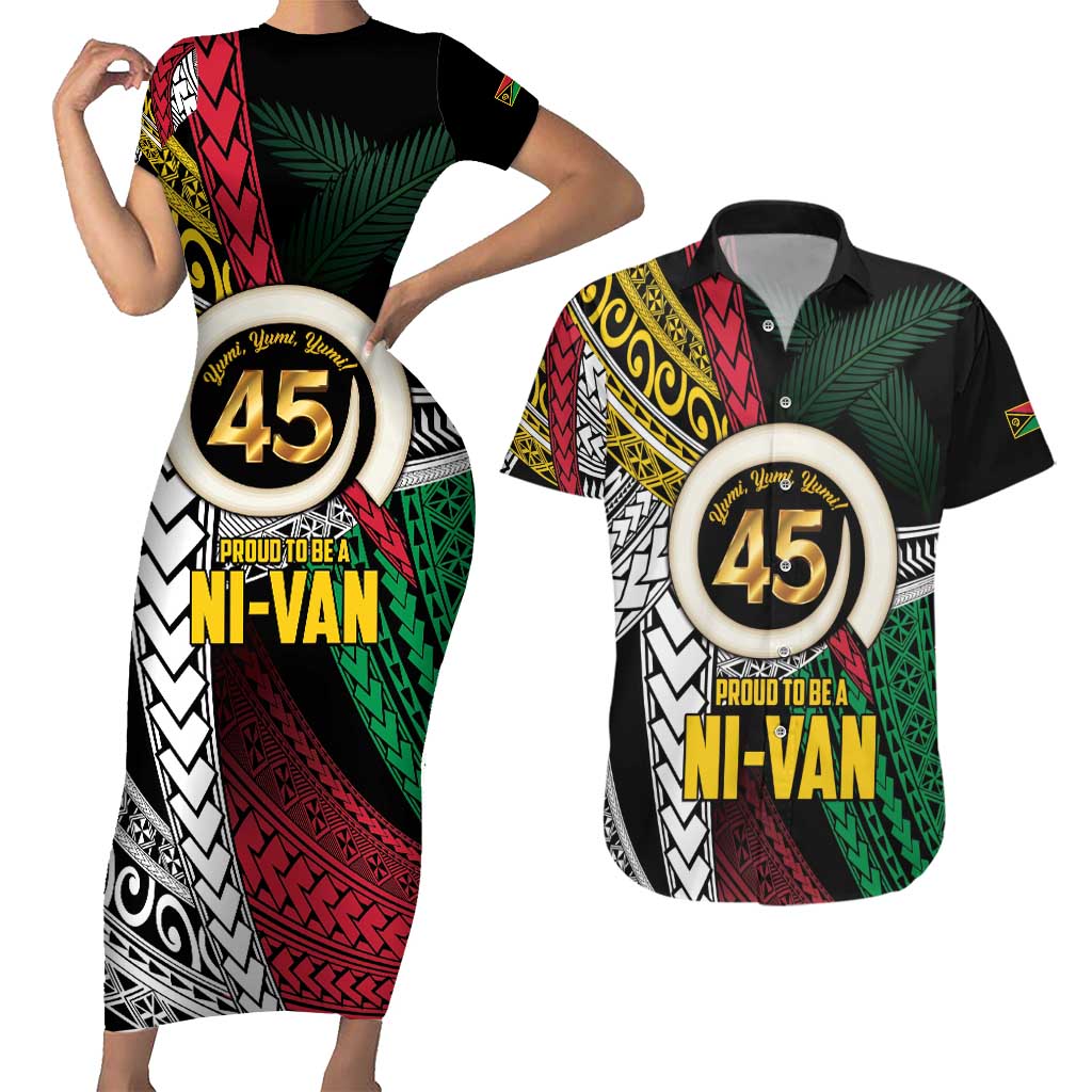 Ni-Van Vanuatu 45th Yumi Yumi Yumi Couples Matching Short Sleeve Bodycon Dress and Hawaiian Shirt Vanuatuan Boar Tusk Polynesian Pattern