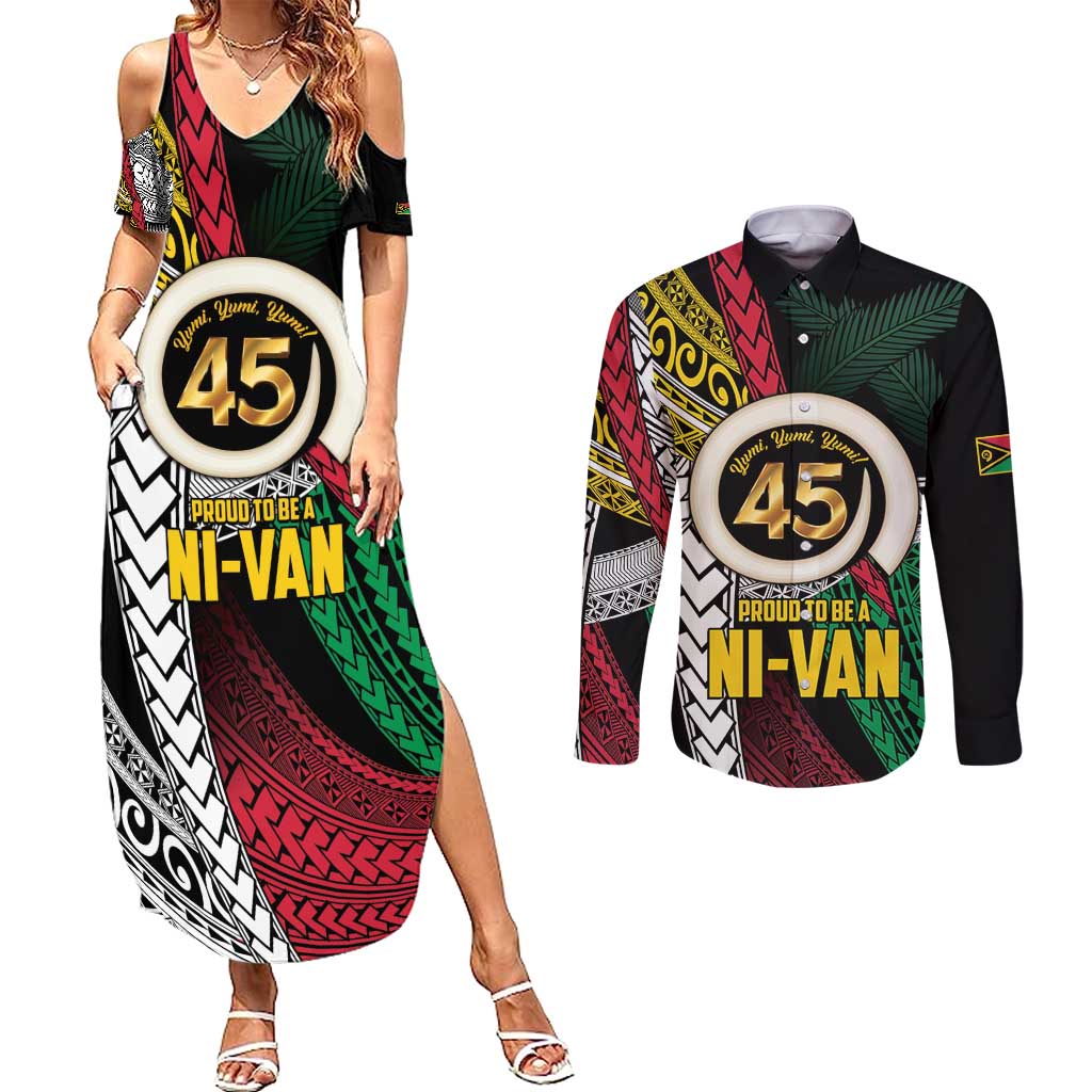 Ni-Van Vanuatu 45th Yumi Yumi Yumi Couples Matching Summer Maxi Dress and Long Sleeve Button Shirt Vanuatuan Boar Tusk Polynesian Pattern