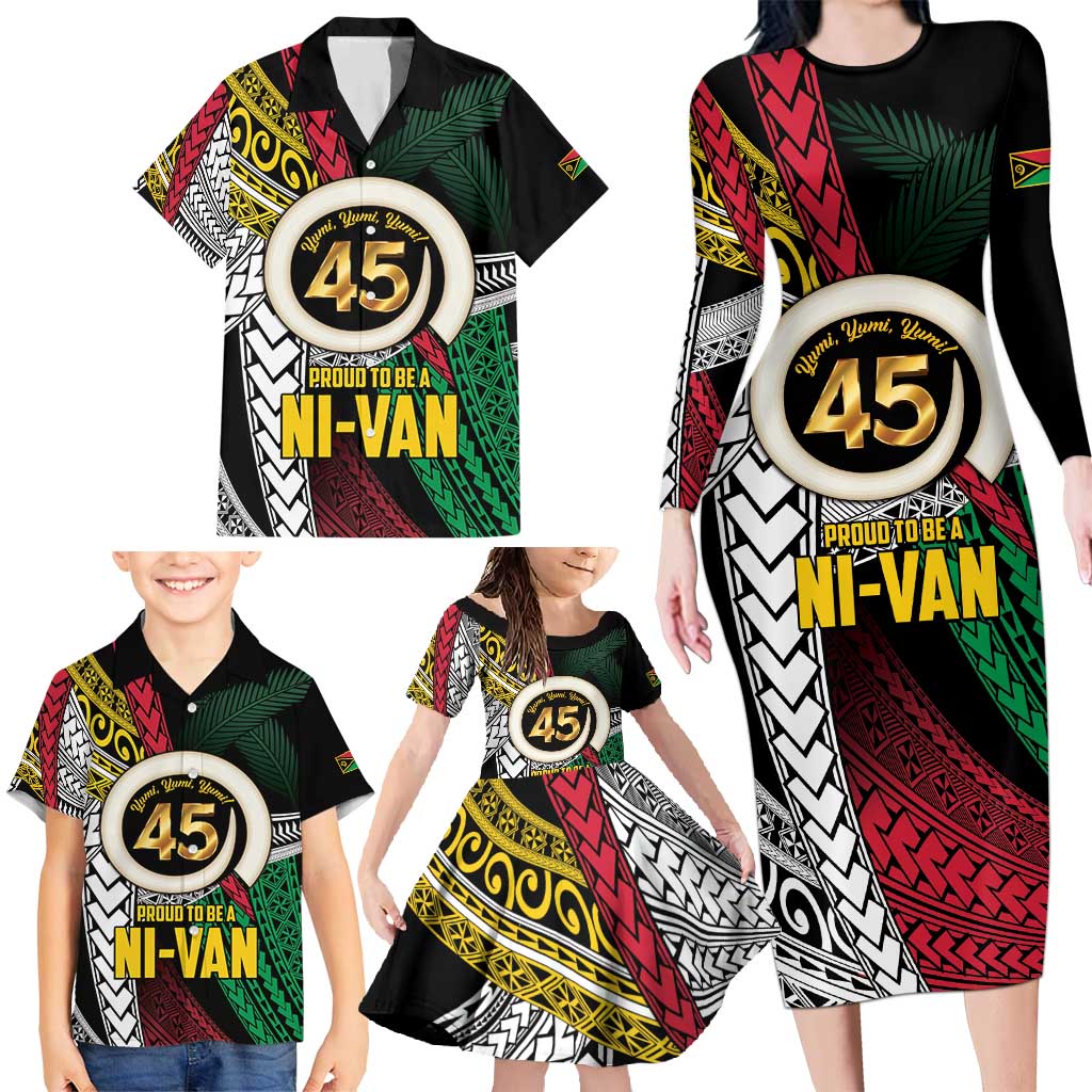 Ni-Van Vanuatu 45th Yumi Yumi Yumi Family Matching Long Sleeve Bodycon Dress and Hawaiian Shirt Vanuatuan Boar Tusk Polynesian Pattern