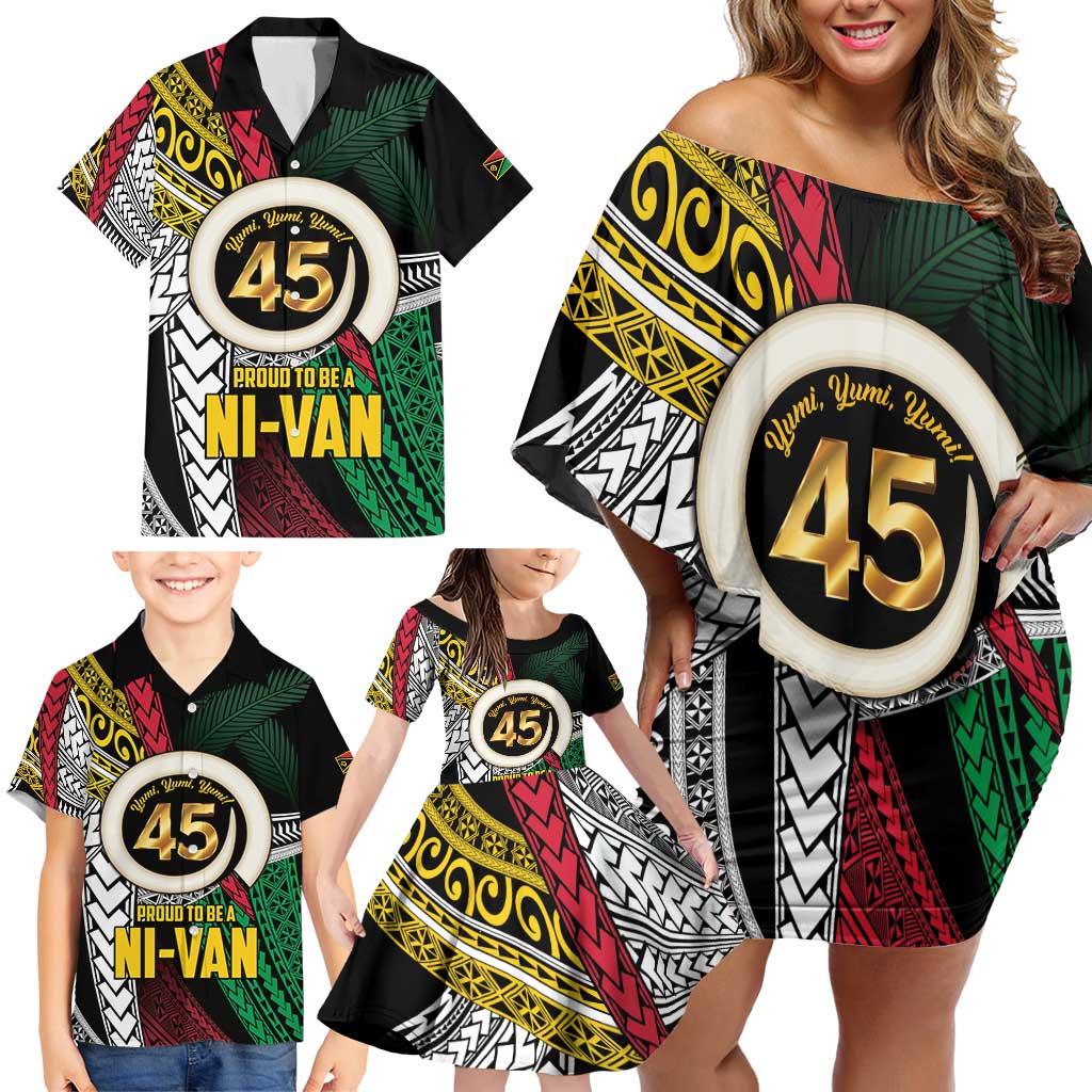 Ni-Van Vanuatu 45th Yumi Yumi Yumi Family Matching Off Shoulder Short Dress and Hawaiian Shirt Vanuatuan Boar Tusk Polynesian Pattern