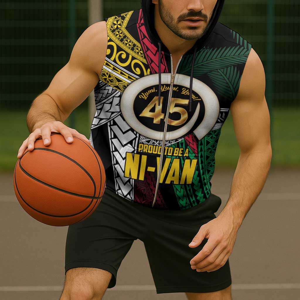 Ni-Van Vanuatu 45th Yumi Yumi Yumi Sleeveless Zip Hoodie Vanuatuan Boar Tusk Polynesian Pattern - Polynesian Pride
