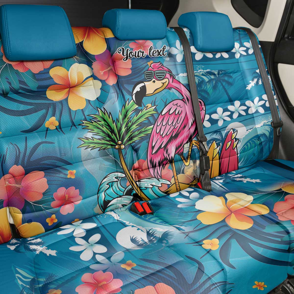 Hawaiian Flamingo Hibiscus Personalised Back Car Seat Cover Blue Summer Tropical Flowers LT9 - Polynesian Pride