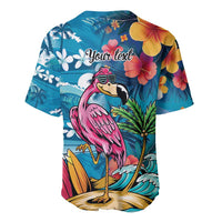 Hawaiian Flamingo Hibiscus Personalised Baseball Jersey Blue Summer Tropical Flowers - Polynesian Pride