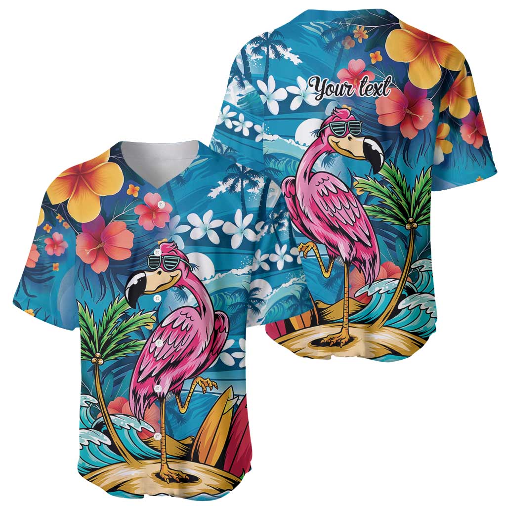Hawaiian Flamingo Hibiscus Personalised Baseball Jersey Blue Summer Tropical Flowers - Polynesian Pride