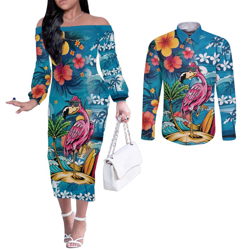 Hawaiian Flamingo Hibiscus Personalised Couples Matching Off The Shoulder Long Sleeve Dress and Long Sleeve Button Shirt Blue Summer Tropical Flowers - Polynesian Pride