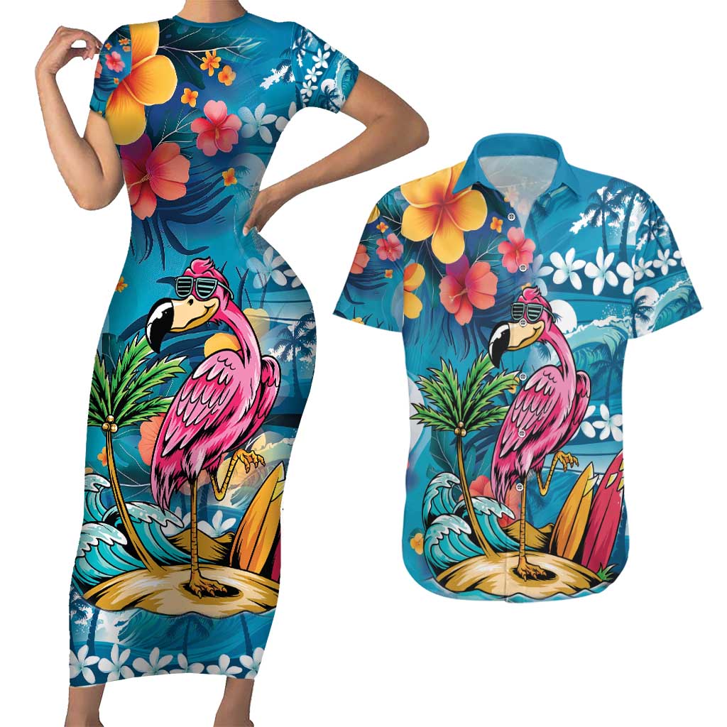 Hawaiian Flamingo Hibiscus Personalised Couples Matching Short Sleeve Bodycon Dress and Hawaiian Shirt Blue Summer Tropical Flowers - Polynesian Pride
