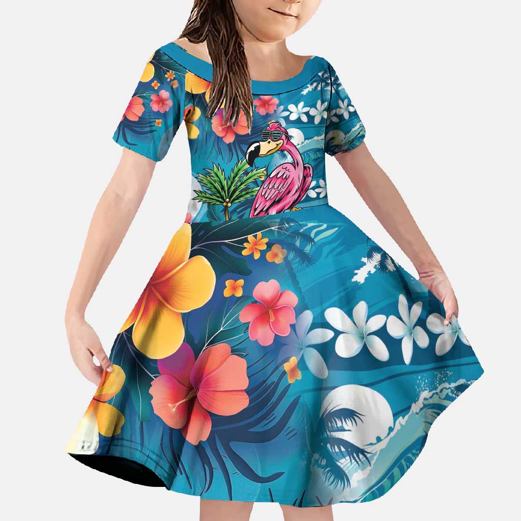 Hawaiian Flamingo Hibiscus Personalised Family Matching Mermaid Dress and Hawaiian Shirt Blue Summer Tropical Flowers LT9 Daughter's Dress Blue - Polynesian Pride