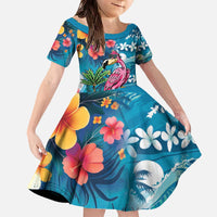 Hawaiian Flamingo Hibiscus Personalised Family Matching Off The Shoulder Long Sleeve Dress and Hawaiian Shirt Blue Summer Tropical Flowers - Polynesian Pride