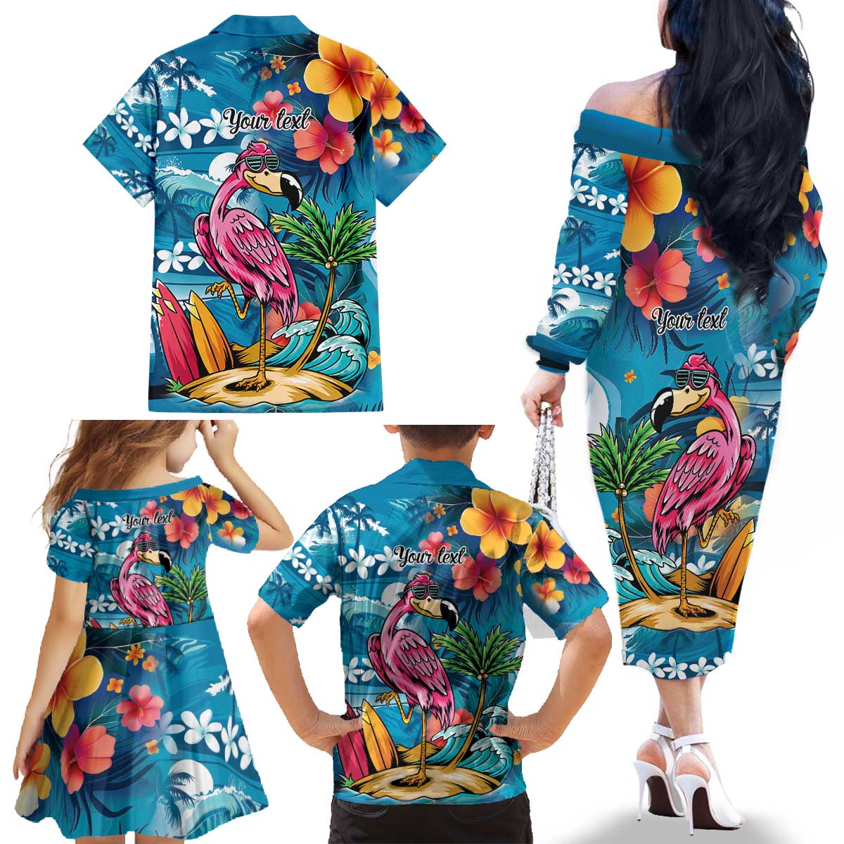 Hawaiian Flamingo Hibiscus Personalised Family Matching Off The Shoulder Long Sleeve Dress and Hawaiian Shirt Blue Summer Tropical Flowers - Polynesian Pride