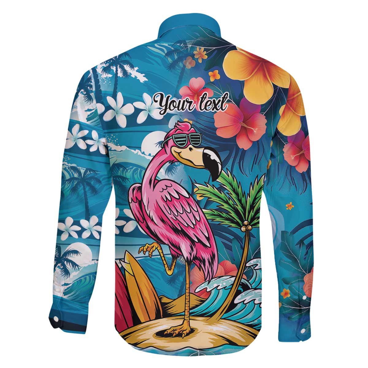 Hawaiian Flamingo Hibiscus Personalised Family Matching Off The Shoulder Long Sleeve Dress and Hawaiian Shirt Blue Summer Tropical Flowers - Polynesian Pride