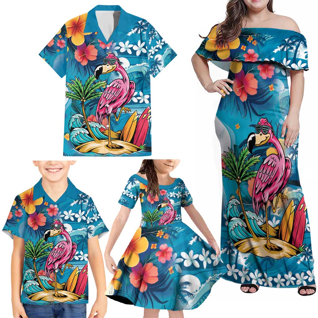 Hawaiian Flamingo Hibiscus Personalised Family Matching Off Shoulder Maxi Dress and Hawaiian Shirt Blue Summer Tropical Flowers - Polynesian Pride
