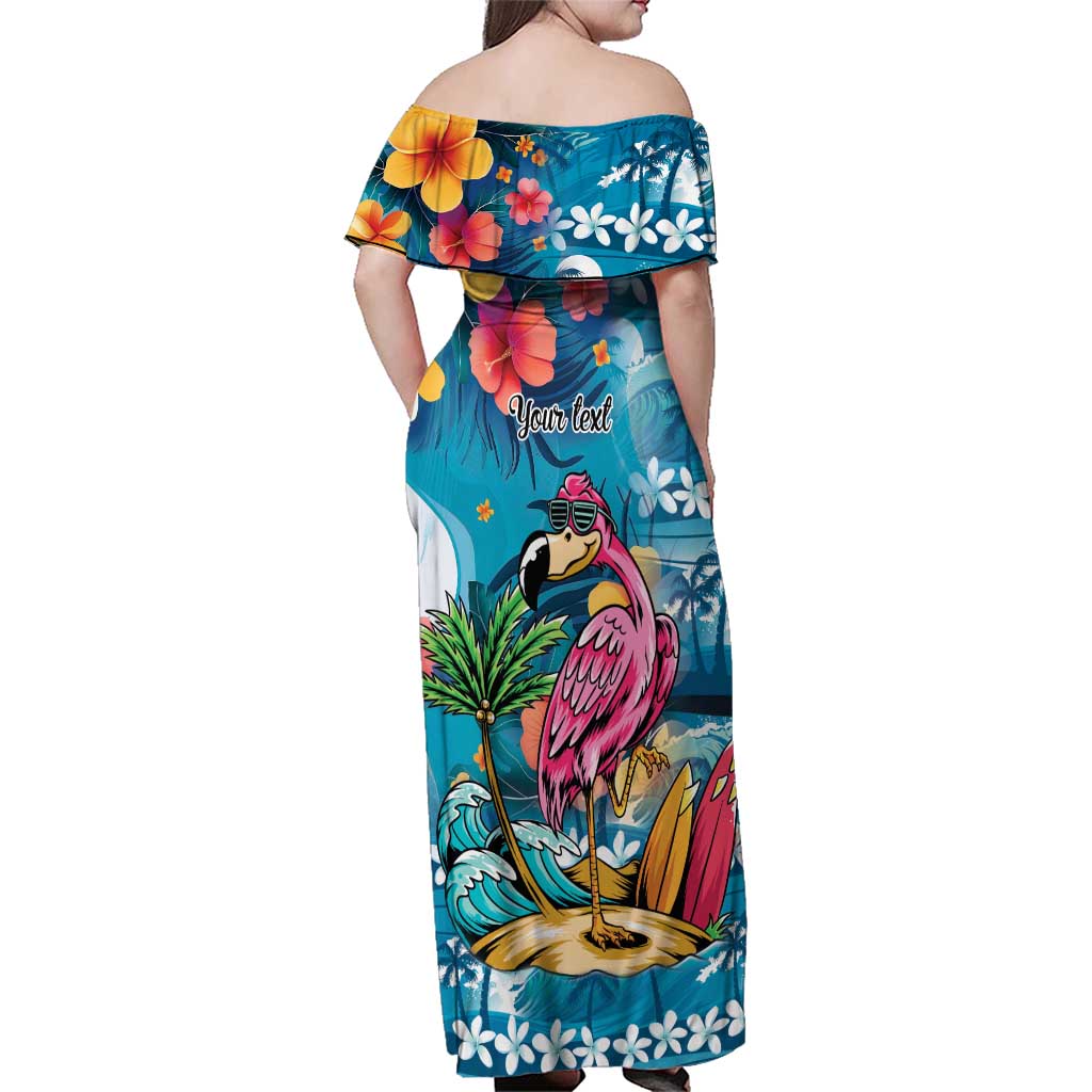 Hawaiian Flamingo Hibiscus Personalised Family Matching Off Shoulder Maxi Dress and Hawaiian Shirt Blue Summer Tropical Flowers - Polynesian Pride