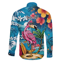 Hawaiian Flamingo Hibiscus Personalised Family Matching Off Shoulder Short Dress and Hawaiian Shirt Blue Summer Tropical Flowers LT9 - Polynesian Pride