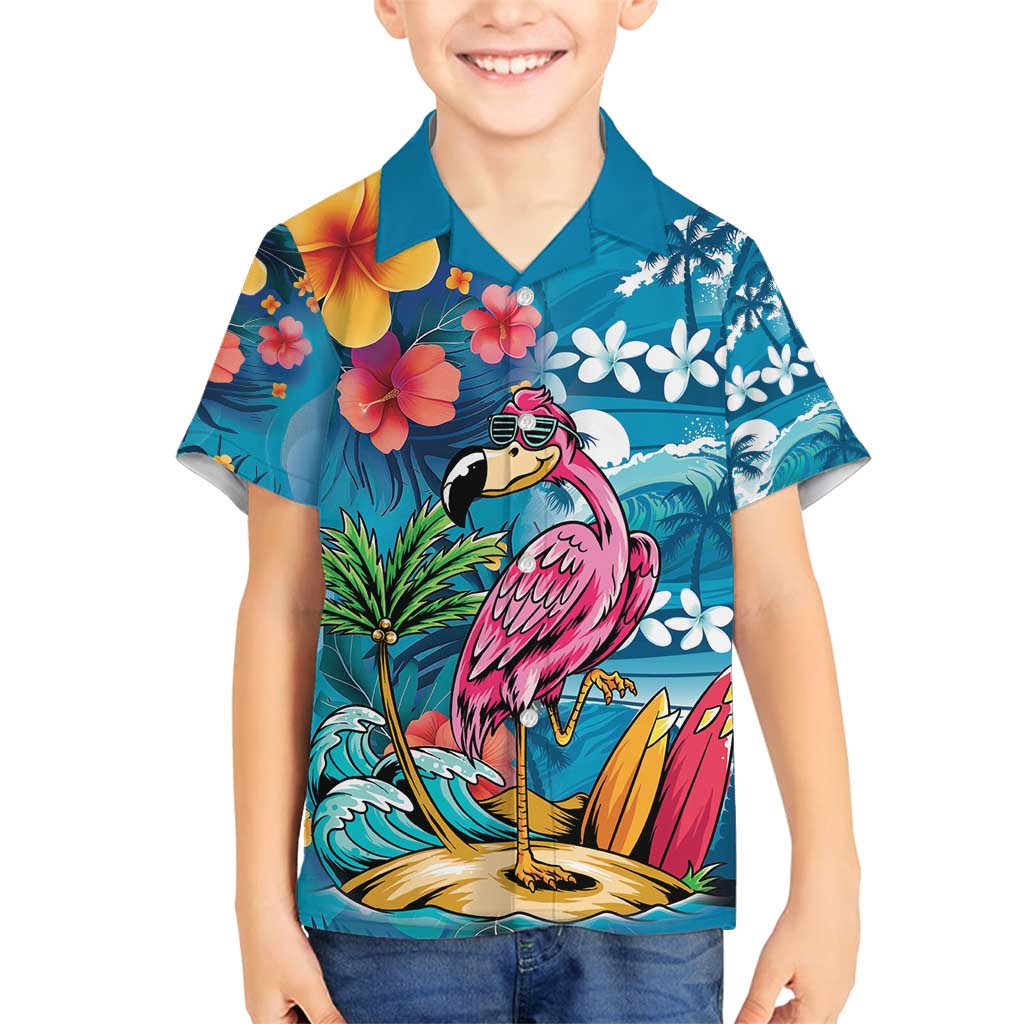 Hawaiian Flamingo Hibiscus Personalised Family Matching Off Shoulder Short Dress and Hawaiian Shirt Blue Summer Tropical Flowers LT9 Son's Shirt Blue - Polynesian Pride