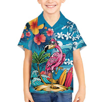 Hawaiian Flamingo Hibiscus Personalised Family Matching Off Shoulder Short Dress and Hawaiian Shirt Blue Summer Tropical Flowers LT9 Son's Shirt Blue - Polynesian Pride