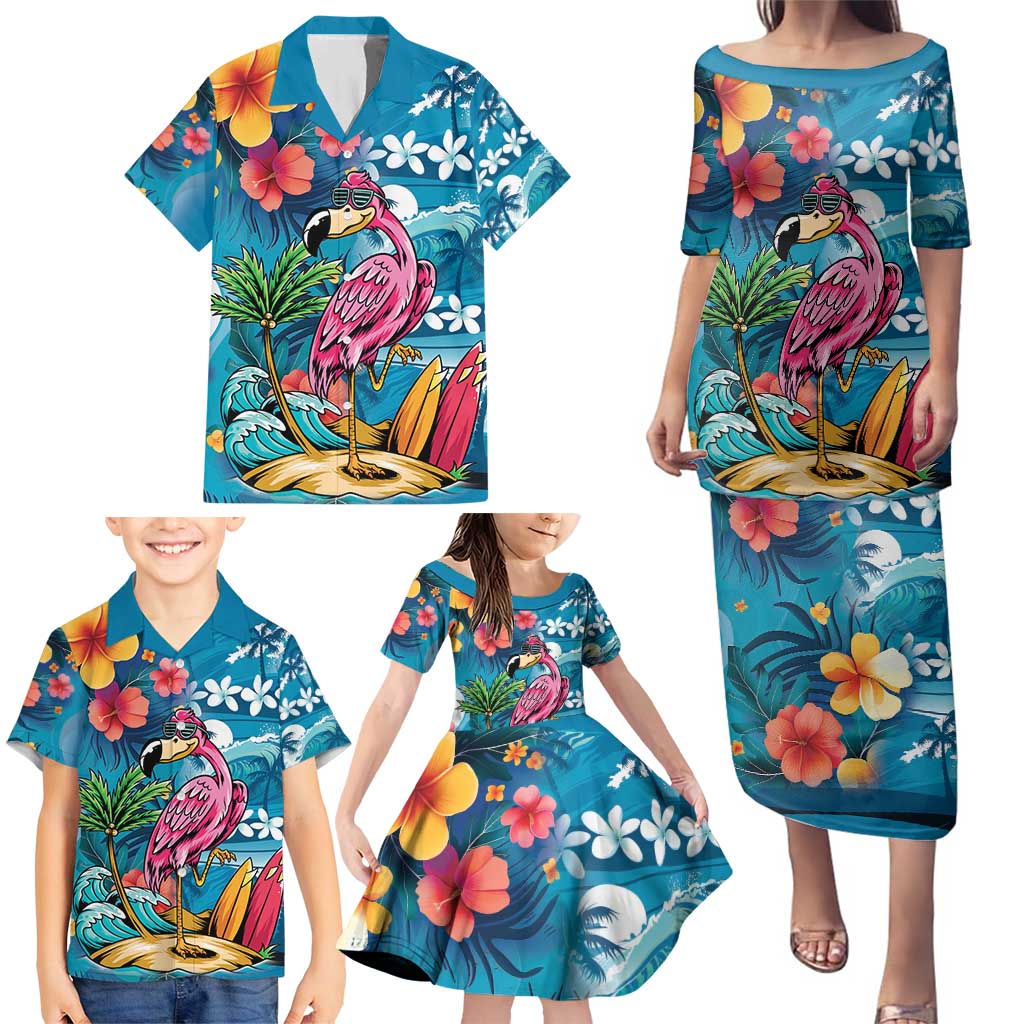 Hawaiian Flamingo Hibiscus Personalised Family Matching Puletasi and Hawaiian Shirt Blue Summer Tropical Flowers - Polynesian Pride