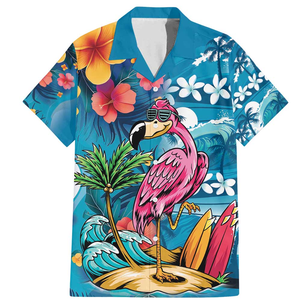 Hawaiian Flamingo Hibiscus Personalised Family Matching Puletasi and Hawaiian Shirt Blue Summer Tropical Flowers LT9 Dad's Shirt - Short Sleeve Blue - Polynesian Pride