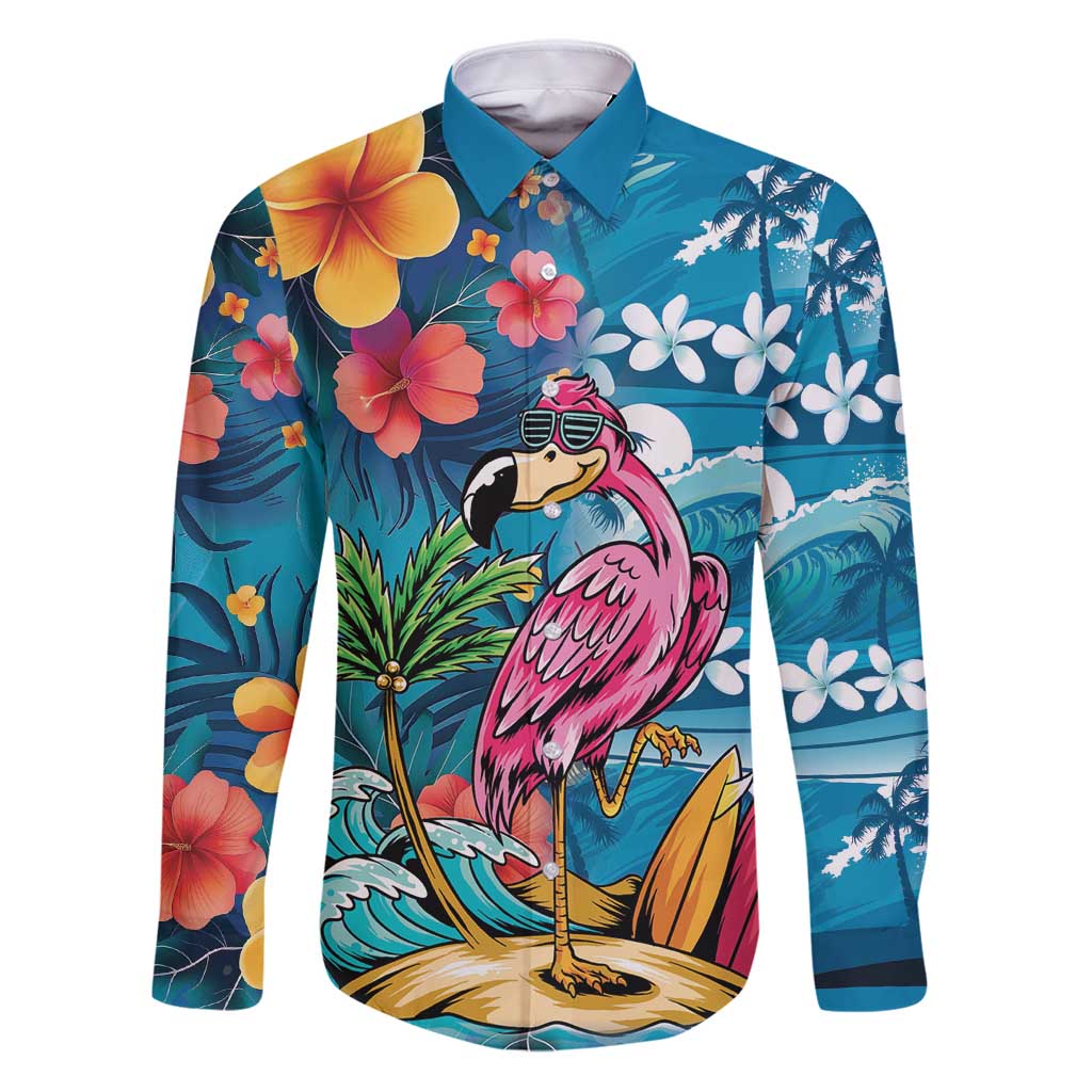 Hawaiian Flamingo Hibiscus Personalised Family Matching Puletasi and Hawaiian Shirt Blue Summer Tropical Flowers LT9 Dad's Shirt - Long Sleeve Blue - Polynesian Pride