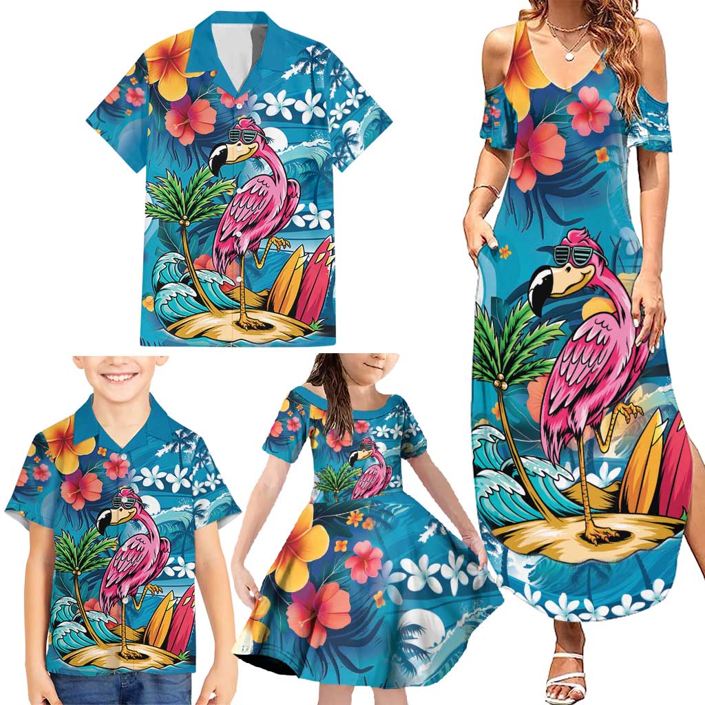 Hawaiian Flamingo Hibiscus Personalised Family Matching Summer Maxi Dress and Hawaiian Shirt Blue Summer Tropical Flowers - Polynesian Pride