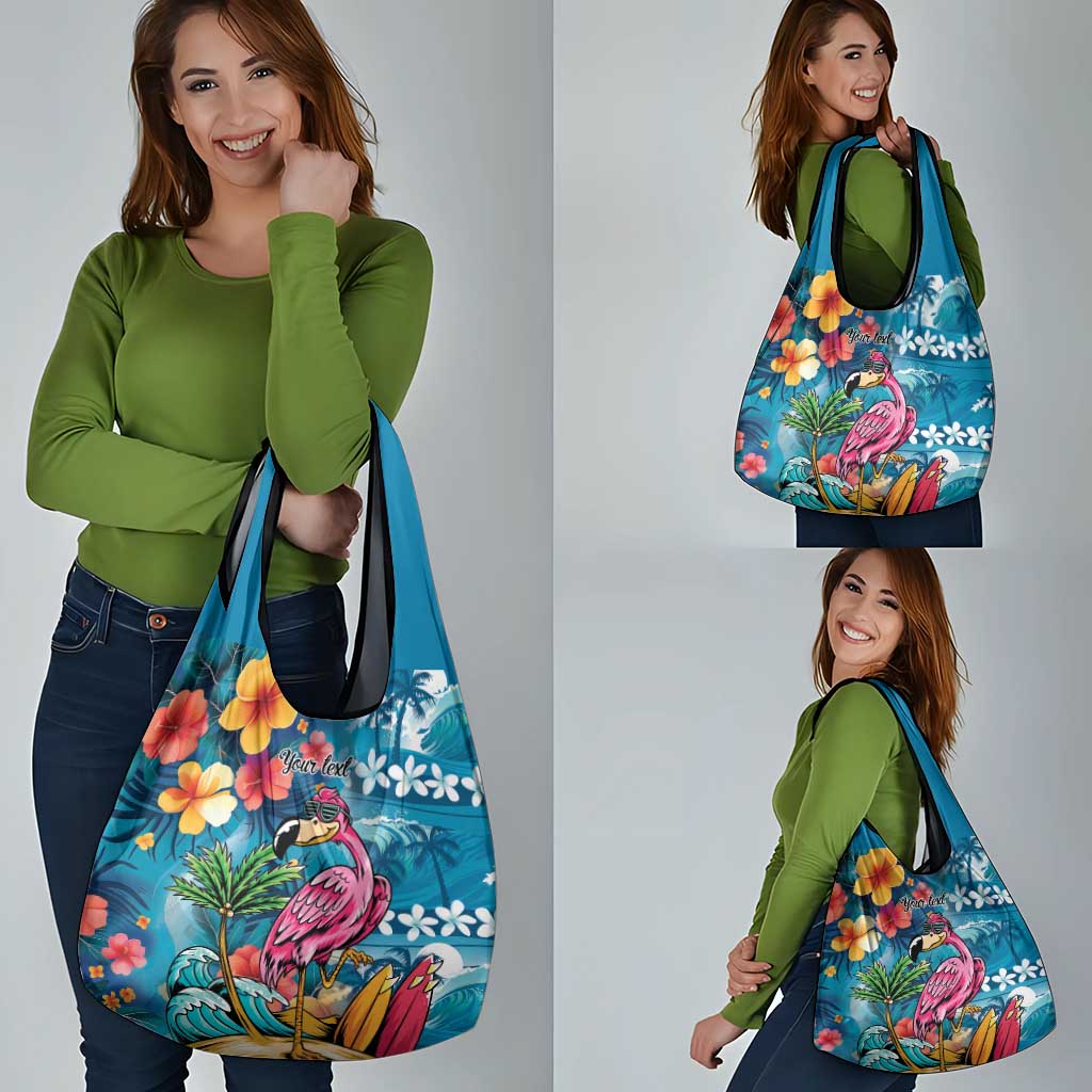 Hawaiian Flamingo Hibiscus Personalised Grocery Bag Blue Summer Tropical Flowers - Polynesian Pride