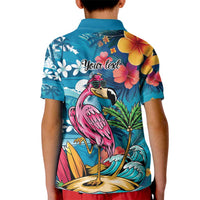 Hawaiian Flamingo Hibiscus Personalised Kid Polo Shirt Blue Summer Tropical Flowers - Polynesian Pride