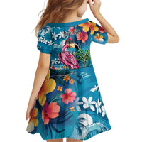 Hawaiian Flamingo Hibiscus Personalised Kid Short Sleeve Dress Blue Summer Tropical Flowers - Polynesian Pride