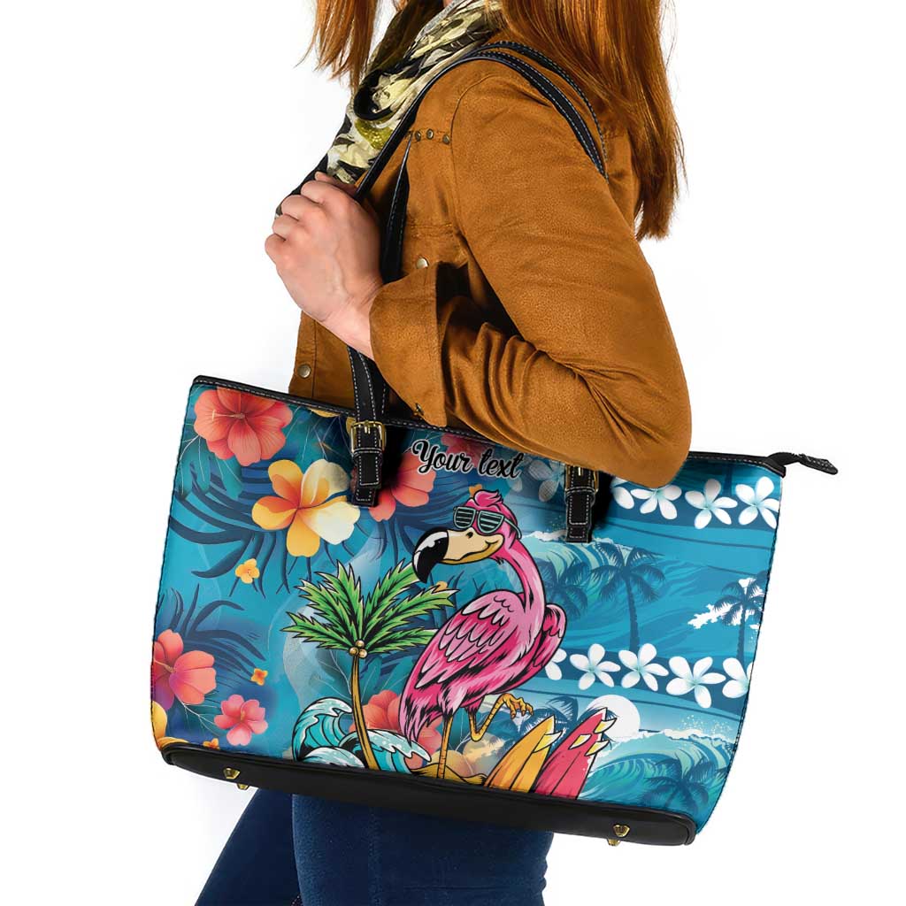 Hawaiian Flamingo Hibiscus Personalised Leather Tote Bag Blue Summer Tropical Flowers LT9 Blue - Polynesian Pride