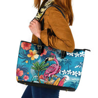 Hawaiian Flamingo Hibiscus Personalised Leather Tote Bag Blue Summer Tropical Flowers LT9 Blue - Polynesian Pride