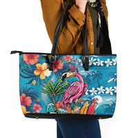 Hawaiian Flamingo Hibiscus Personalised Leather Tote Bag Blue Summer Tropical Flowers LT9 - Polynesian Pride