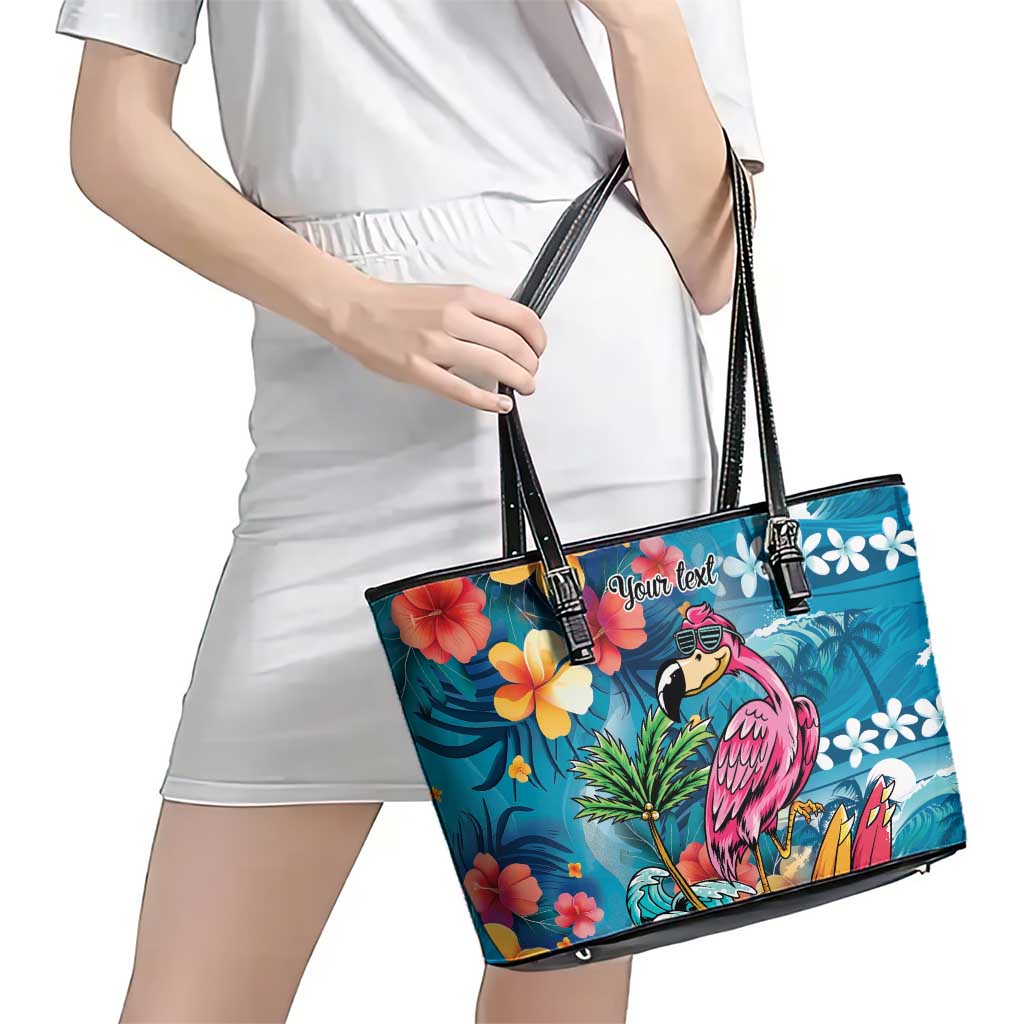 Hawaiian Flamingo Hibiscus Personalised Leather Tote Bag Blue Summer Tropical Flowers LT9 - Polynesian Pride
