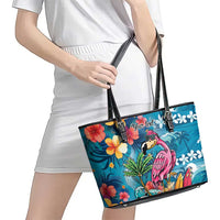 Hawaiian Flamingo Hibiscus Personalised Leather Tote Bag Blue Summer Tropical Flowers LT9 - Polynesian Pride