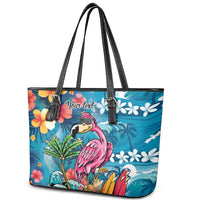 Hawaiian Flamingo Hibiscus Personalised Leather Tote Bag Blue Summer Tropical Flowers LT9 - Polynesian Pride