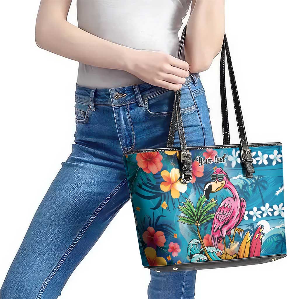Hawaiian Flamingo Hibiscus Personalised Leather Tote Bag Blue Summer Tropical Flowers LT9 - Polynesian Pride