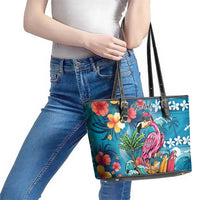 Hawaiian Flamingo Hibiscus Personalised Leather Tote Bag Blue Summer Tropical Flowers LT9 - Polynesian Pride