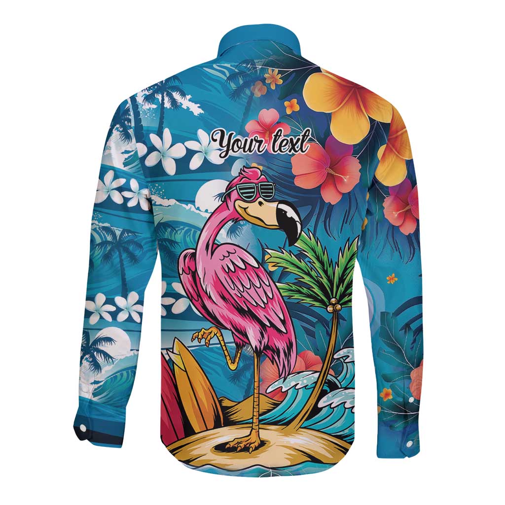 Hawaiian Flamingo Hibiscus Personalised Long Sleeve Button Shirt Blue Summer Tropical Flowers LT9 - Polynesian Pride