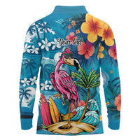 Hawaiian Flamingo Hibiscus Personalised Long Sleeve Polo Shirt Blue Summer Tropical Flowers - Polynesian Pride
