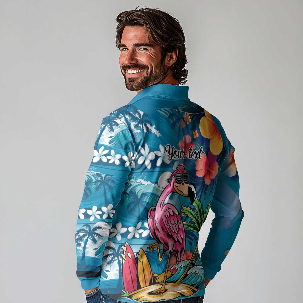 Hawaiian Flamingo Hibiscus Personalised Long Sleeve Polo Shirt Blue Summer Tropical Flowers - Polynesian Pride