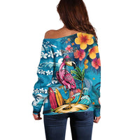 Hawaiian Flamingo Hibiscus Personalised Off Shoulder Sweater Blue Summer Tropical Flowers - Polynesian Pride