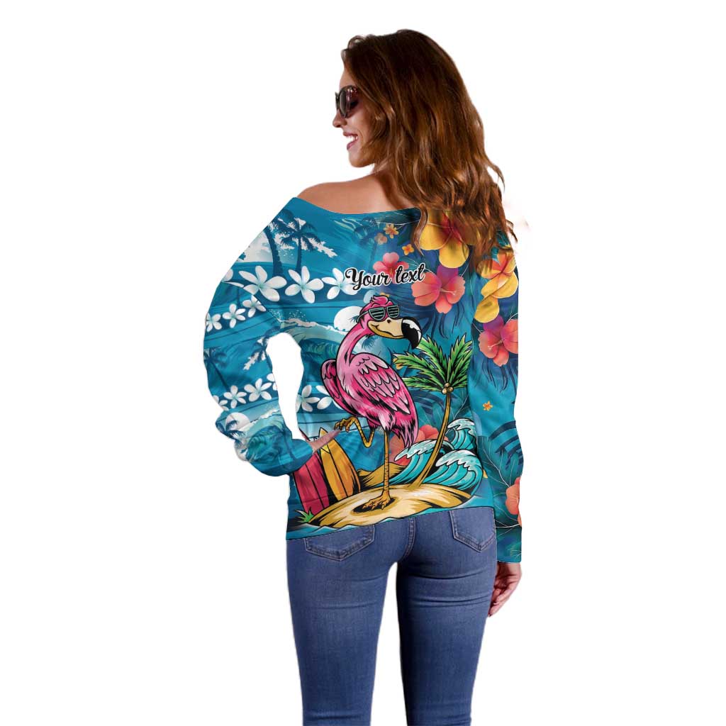 Hawaiian Flamingo Hibiscus Personalised Off Shoulder Sweater Blue Summer Tropical Flowers - Polynesian Pride
