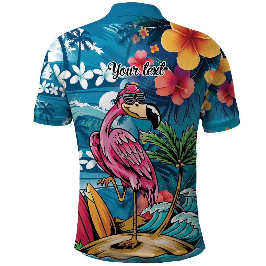 Hawaiian Flamingo Hibiscus Personalised Polo Shirt Blue Summer Tropical Flowers - Polynesian Pride