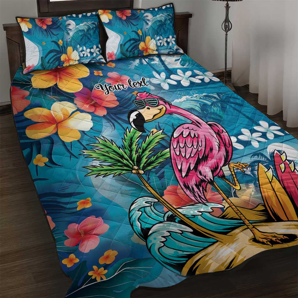 Hawaiian Flamingo Hibiscus Personalised Quilt Bed Set Blue Summer Tropical Flowers - Polynesian Pride
