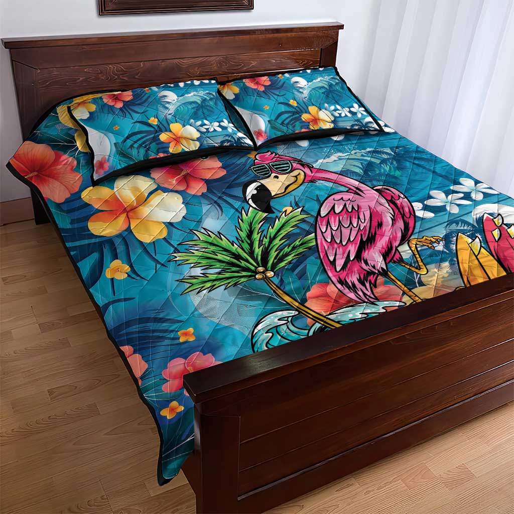 Hawaiian Flamingo Hibiscus Personalised Quilt Bed Set Blue Summer Tropical Flowers - Polynesian Pride