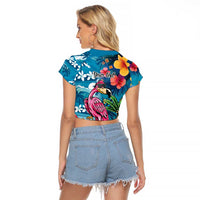 Hawaiian Flamingo Hibiscus Personalised Raglan Cropped T Shirt Blue Summer Tropical Flowers LT9 - Polynesian Pride