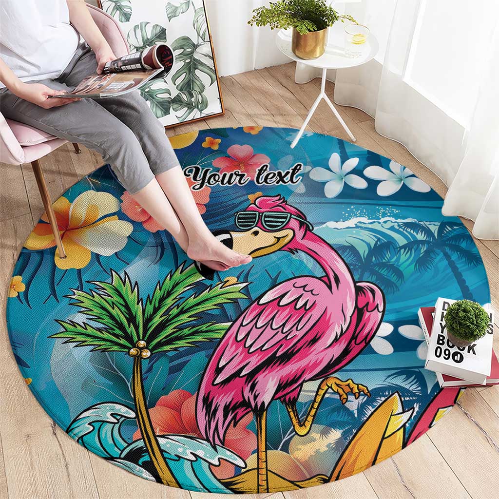 Hawaiian Flamingo Hibiscus Personalised Round Carpet Blue Summer Tropical Flowers - Polynesian Pride