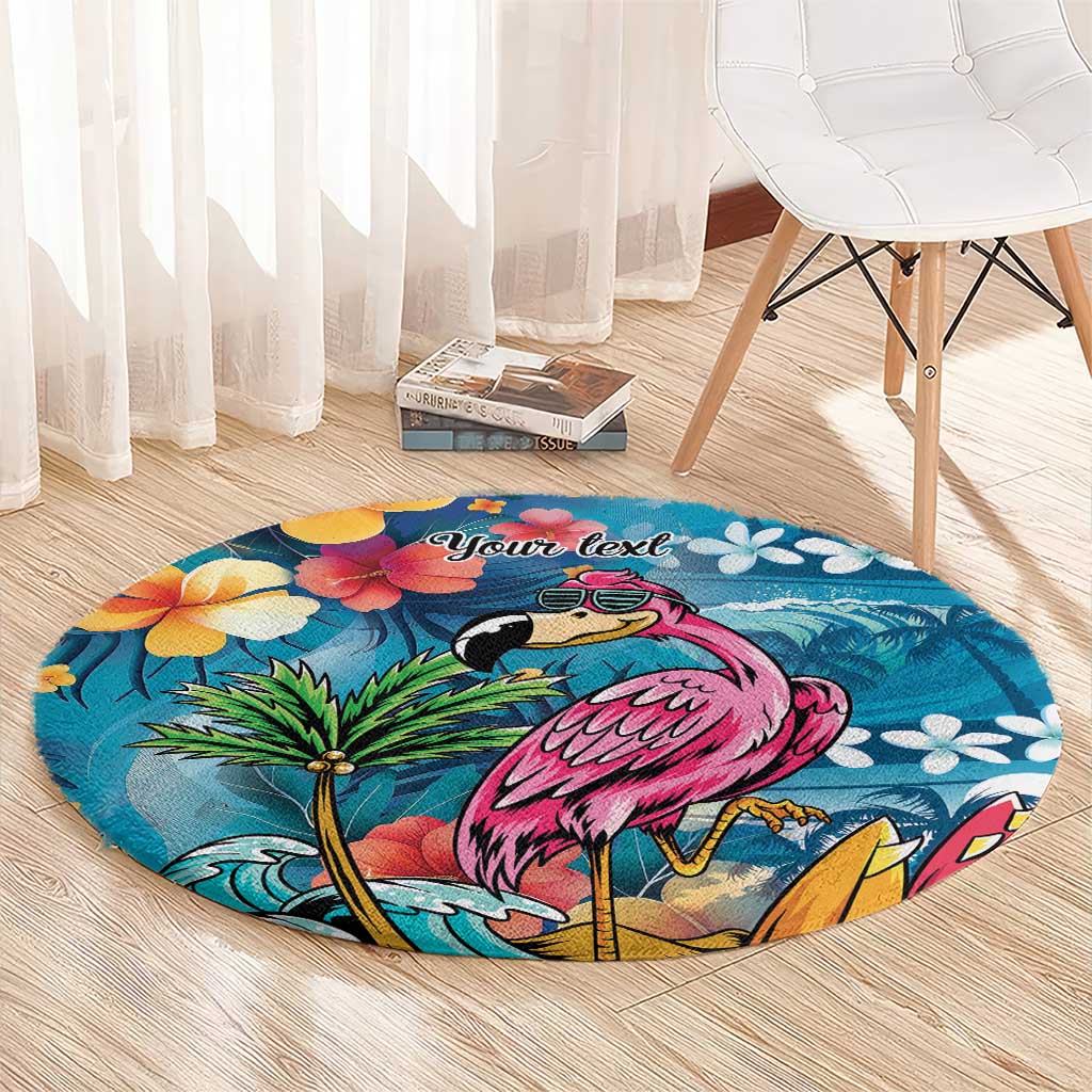 Hawaiian Flamingo Hibiscus Personalised Round Carpet Blue Summer Tropical Flowers - Polynesian Pride