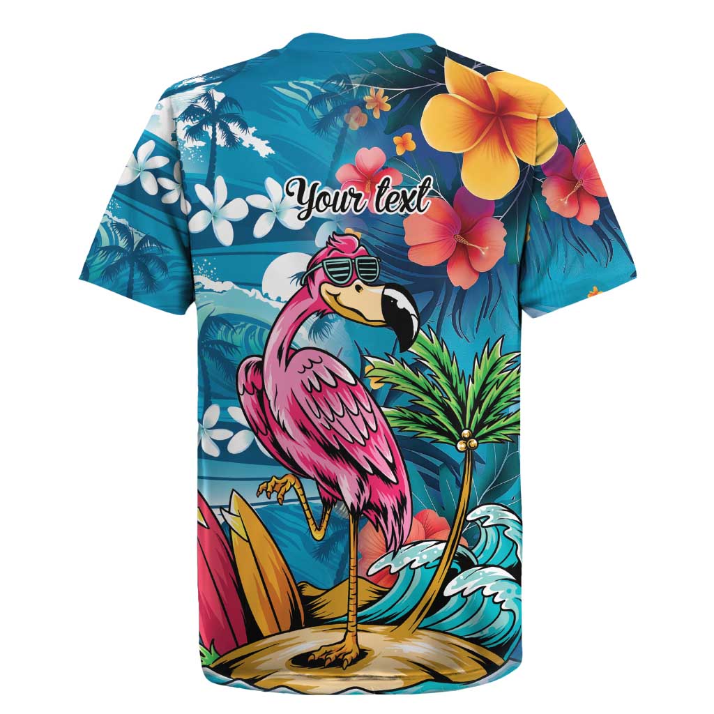 Hawaiian Flamingo Hibiscus Personalised Rugby Jersey Blue Summer Tropical Flowers - Polynesian Pride