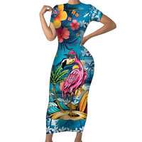 Hawaiian Flamingo Hibiscus Personalised Short Sleeve Bodycon Dress Blue Summer Tropical Flowers - Polynesian Pride